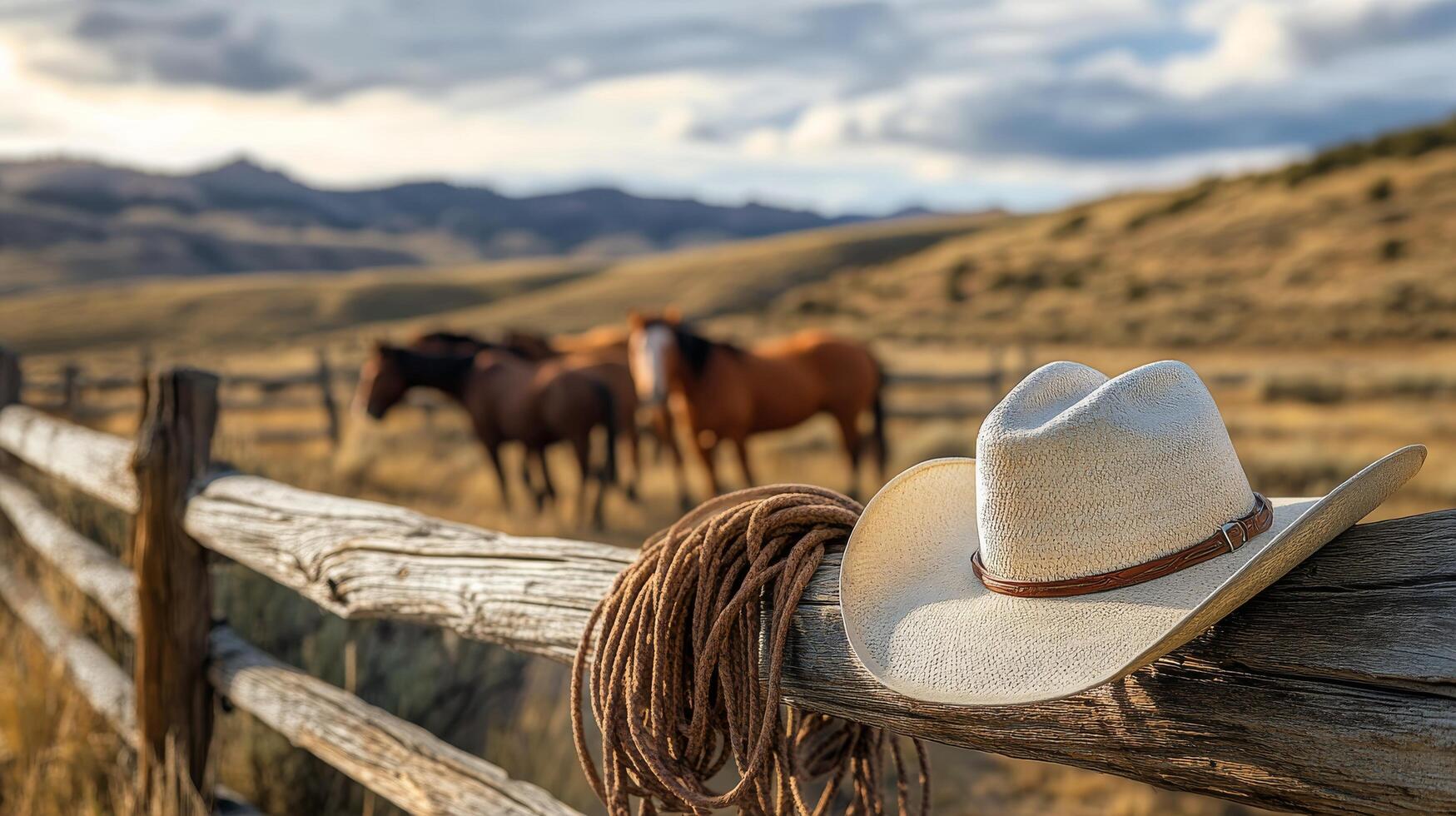 A cowboy hat rests on a wooden fence near horses grazing in a sunlit field photo
