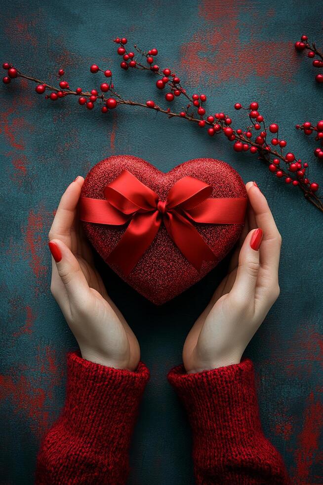 A person holds a heart shaped gift box tied with a red ribbon against a teal background photo