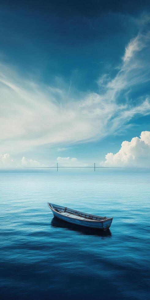A small wooden boat floating calmly on tranquil waters under a bright blue sky photo