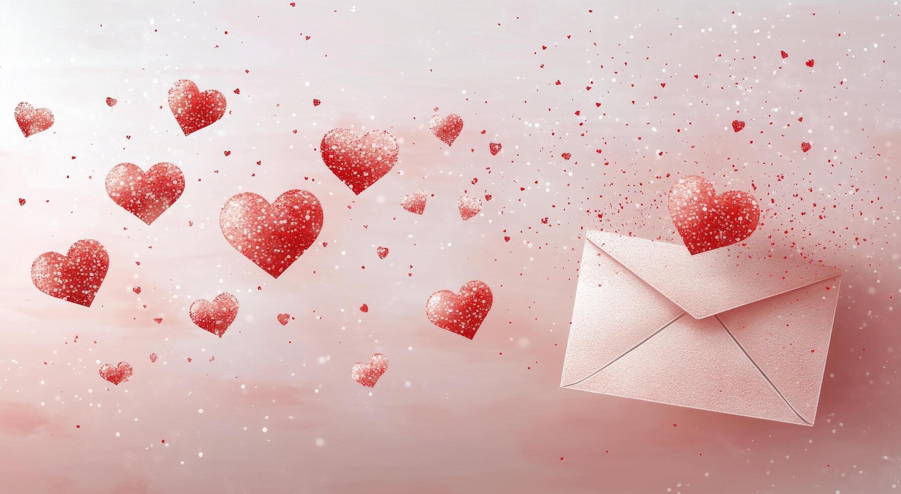 Romantic envelope surrounded by floating hearts on a pink background during Valentines season photo