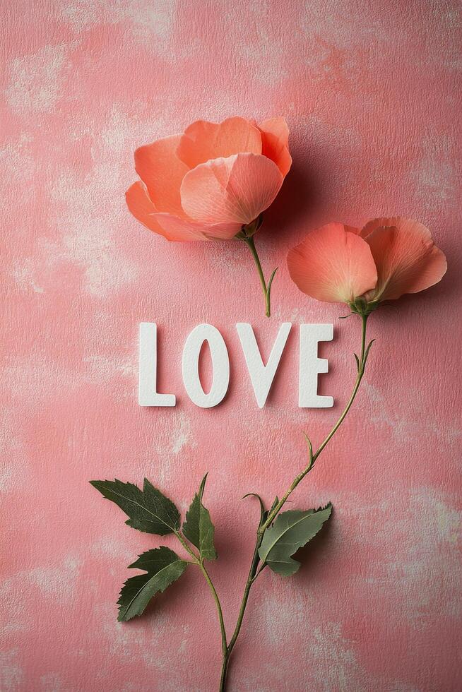 A pink floral arrangement with the word love displayed elegantly on a soft pastel background photo