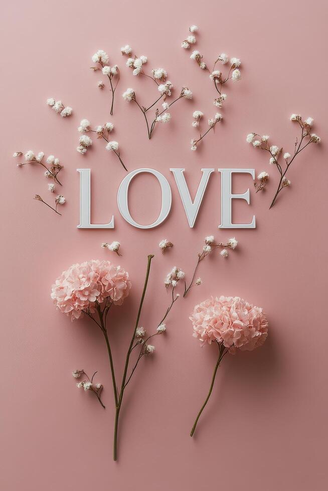 A pink floral arrangement with the word love displayed elegantly on a soft pastel background photo