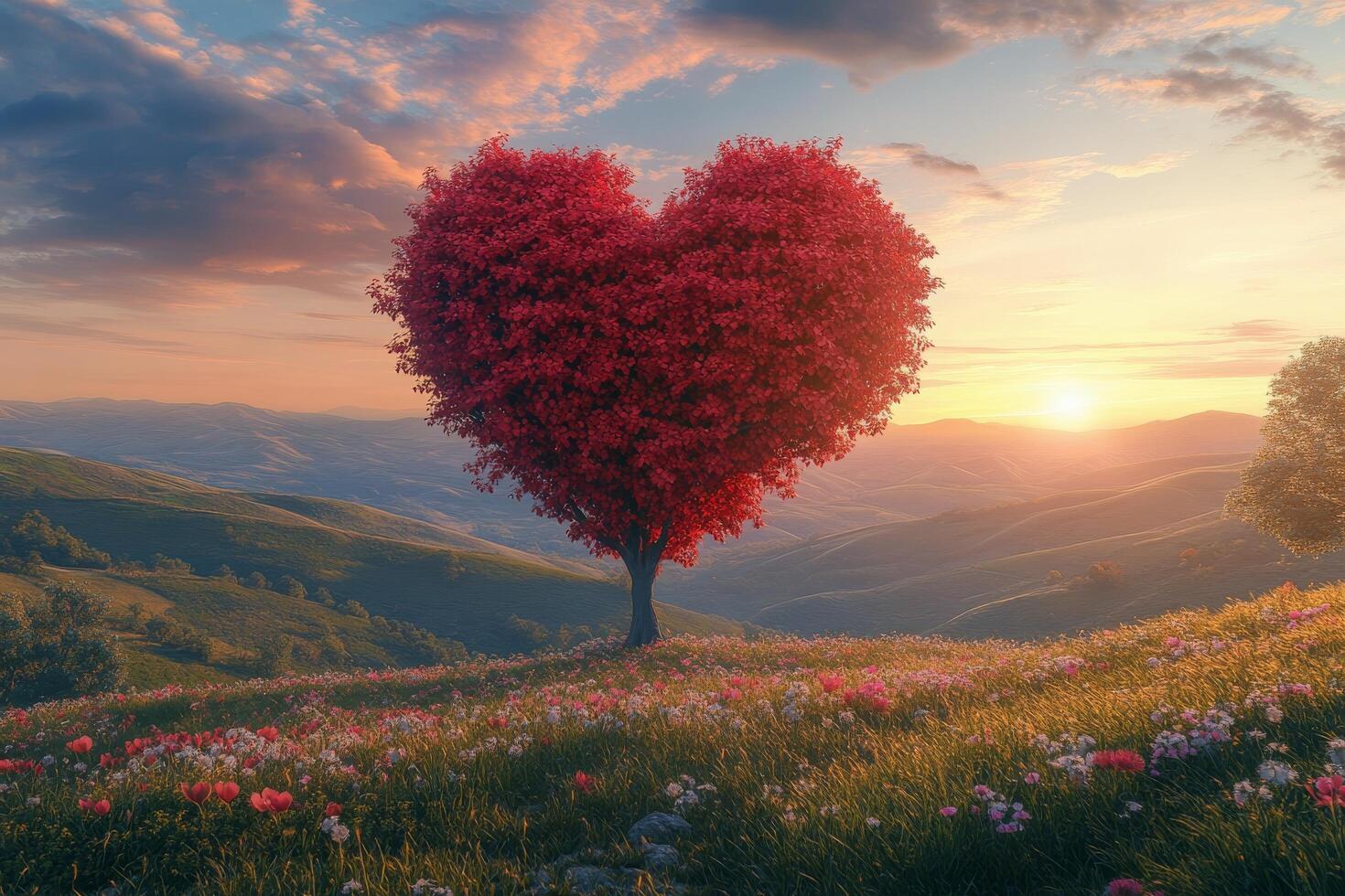 A heart shaped tree stands in a colorful meadow at sunset with rolling hills behind it photo