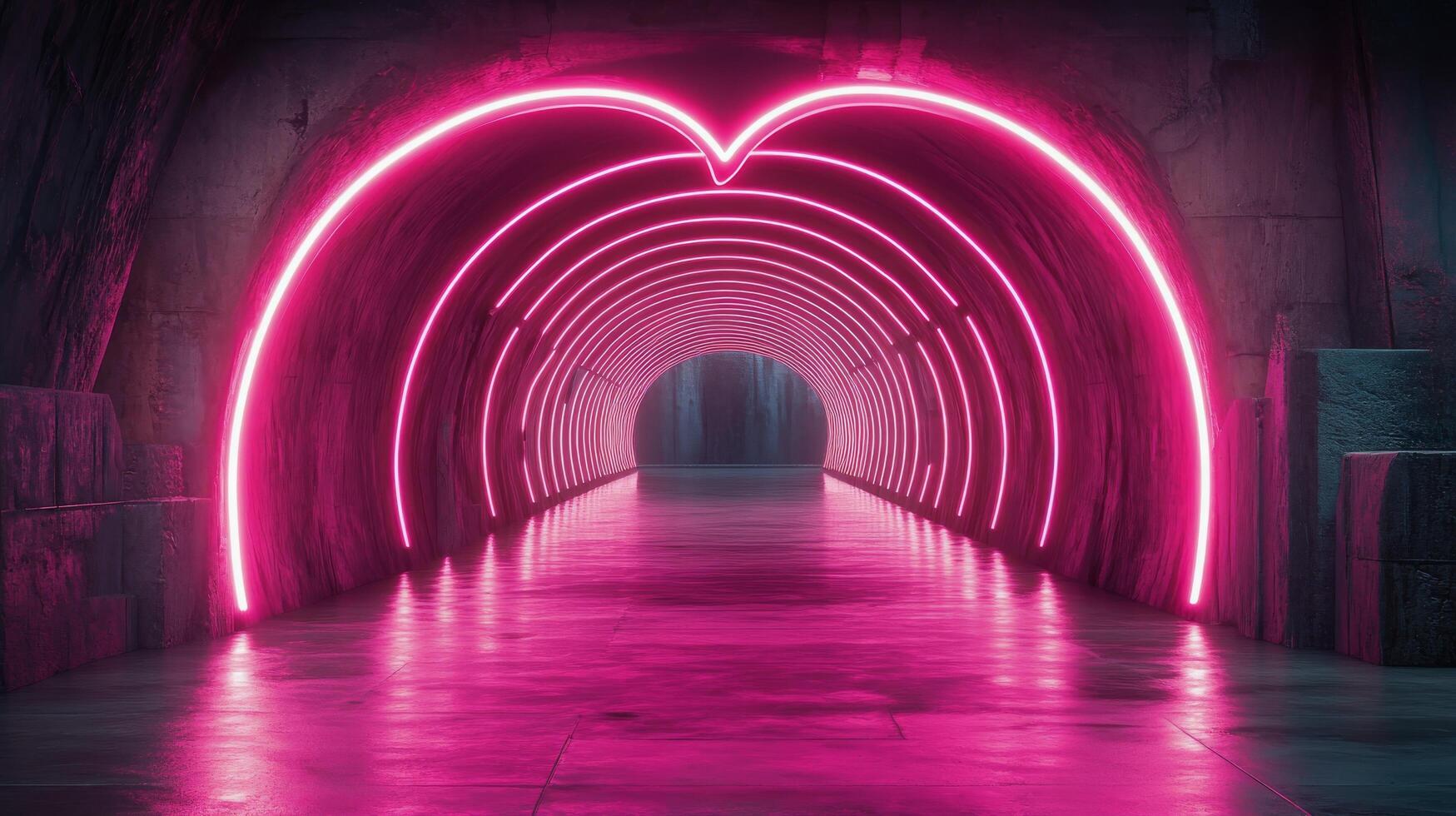 Vibrant neon pink tunnel with heart design illuminated in a dark underground setting photo
