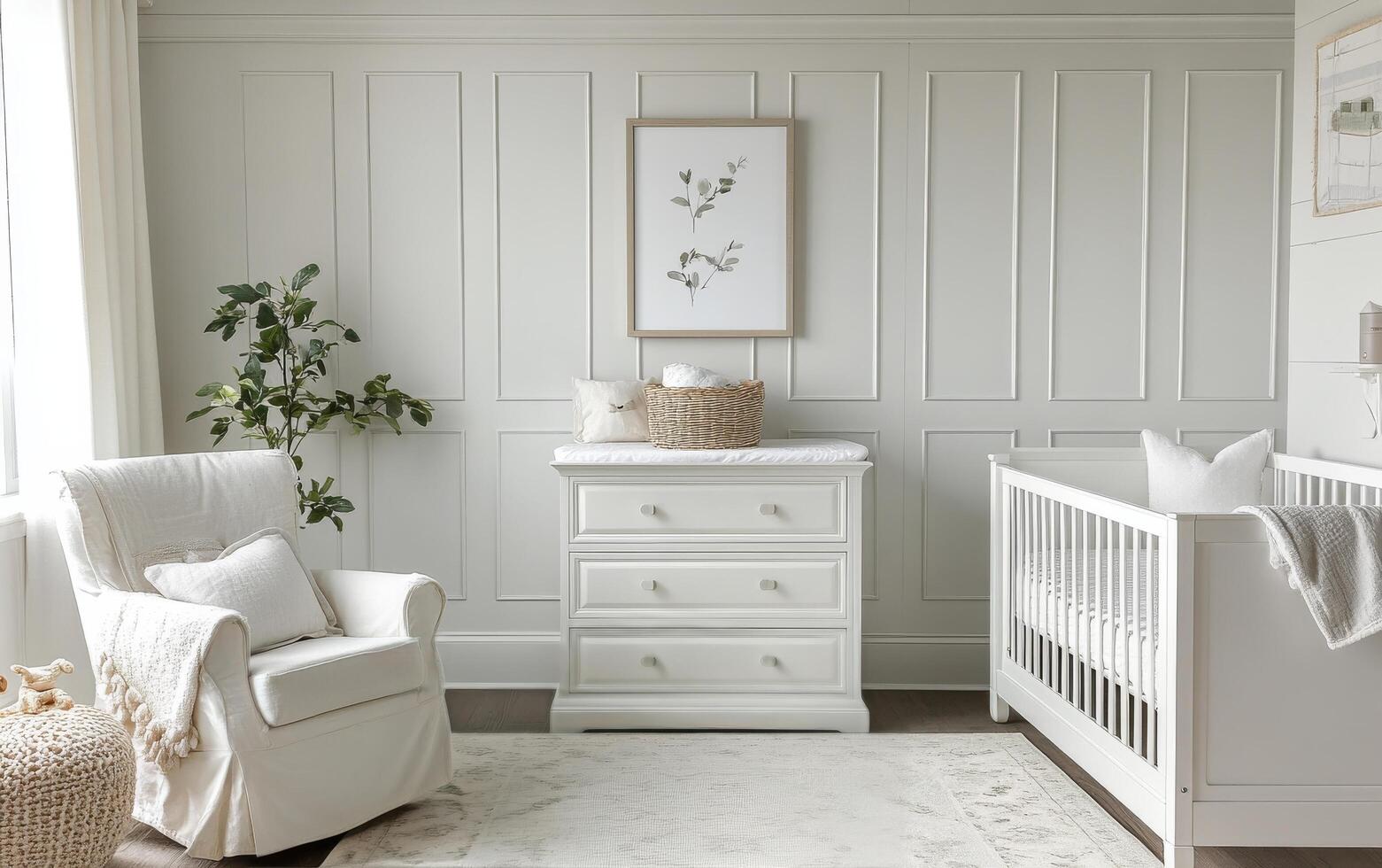 Cozy and elegant nursery featuring a crib, dresser, and comfortable armchair in soft colors photo