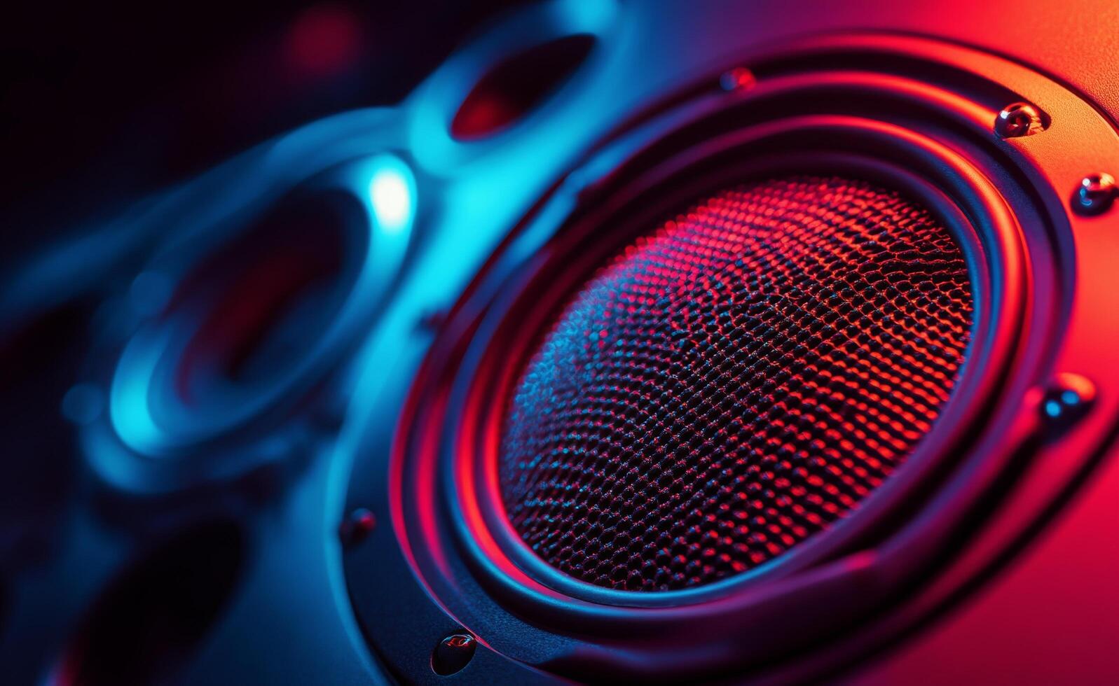 Colorful close up of a speaker cone illuminated by vibrant LED lights at a sound event photo