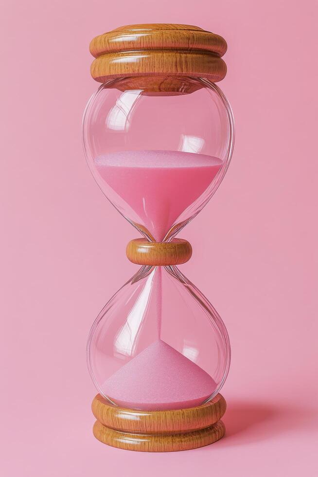 Elegant hourglass with pink sand on a vibrant pink backdrop, emphasizing the passage of time photo