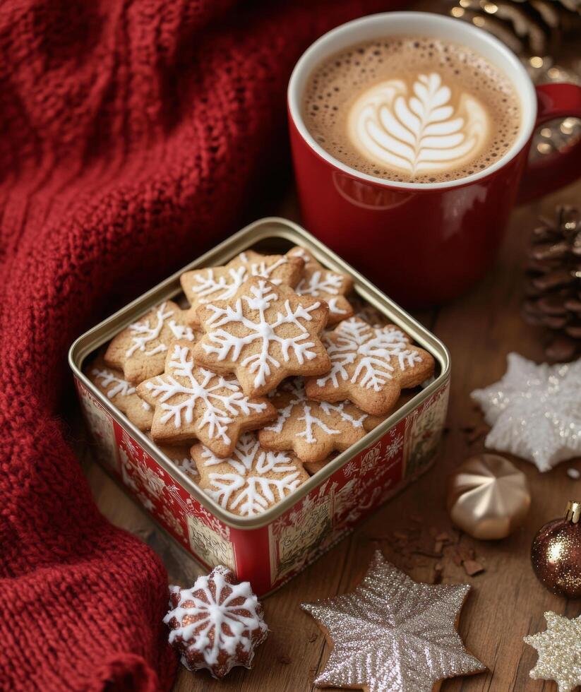 Cozy winter scene featuring gingerbread cookies and a hot beverage on a festive table photo