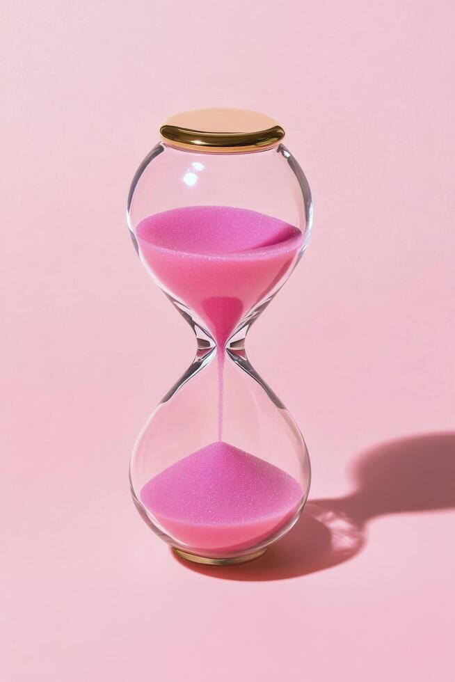 Elegant hourglass with pink sand on a vibrant pink backdrop, emphasizing the passage of time photo