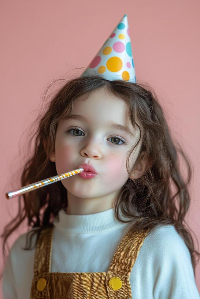 A young child with playful features wears a festive party hat, exuding joy photo