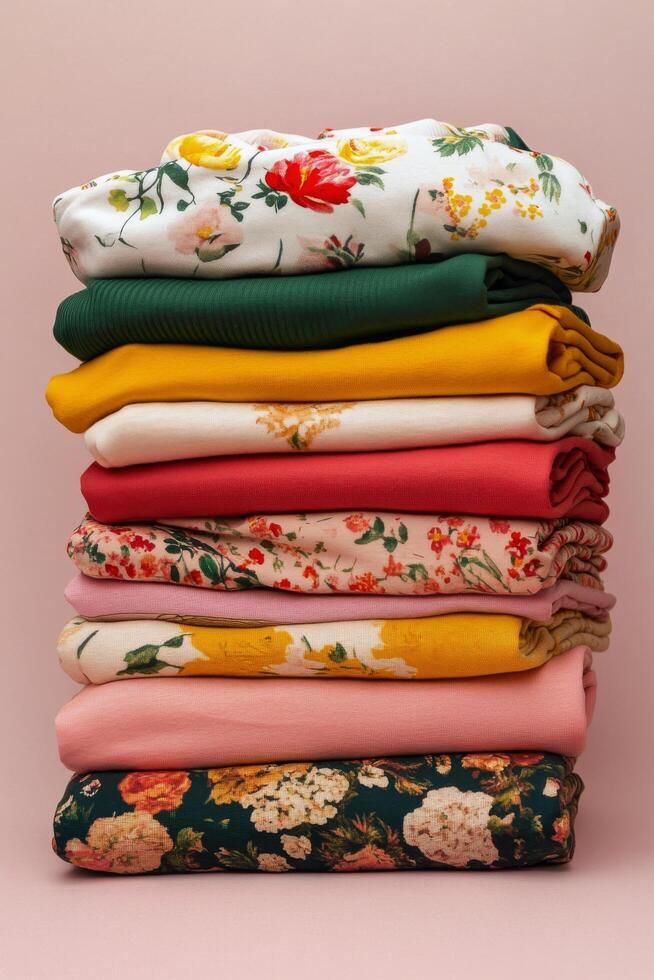 Colorful stack of folded fabrics showcasing floral patterns on a pastel pink background photo