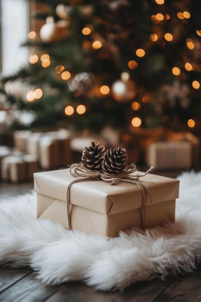 A wrapped gift with pine cones rests on a fluffy rug by a decorated Christmas tree photo
