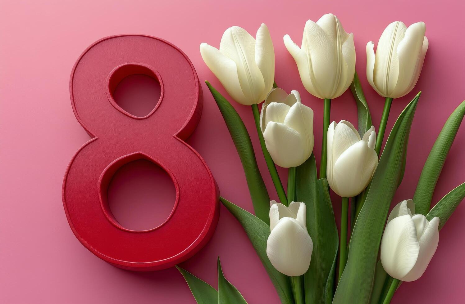 Elegant arrangement of white tulips next to a striking red number 8 on a pink background photo