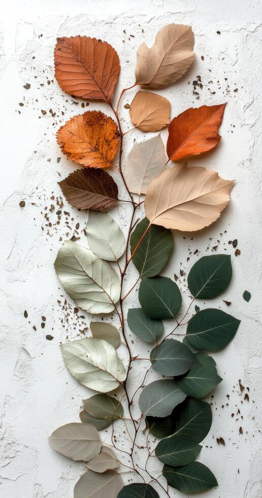 Colorful autumn leaves arranged artfully on a textured white background in a flat lay layout photo