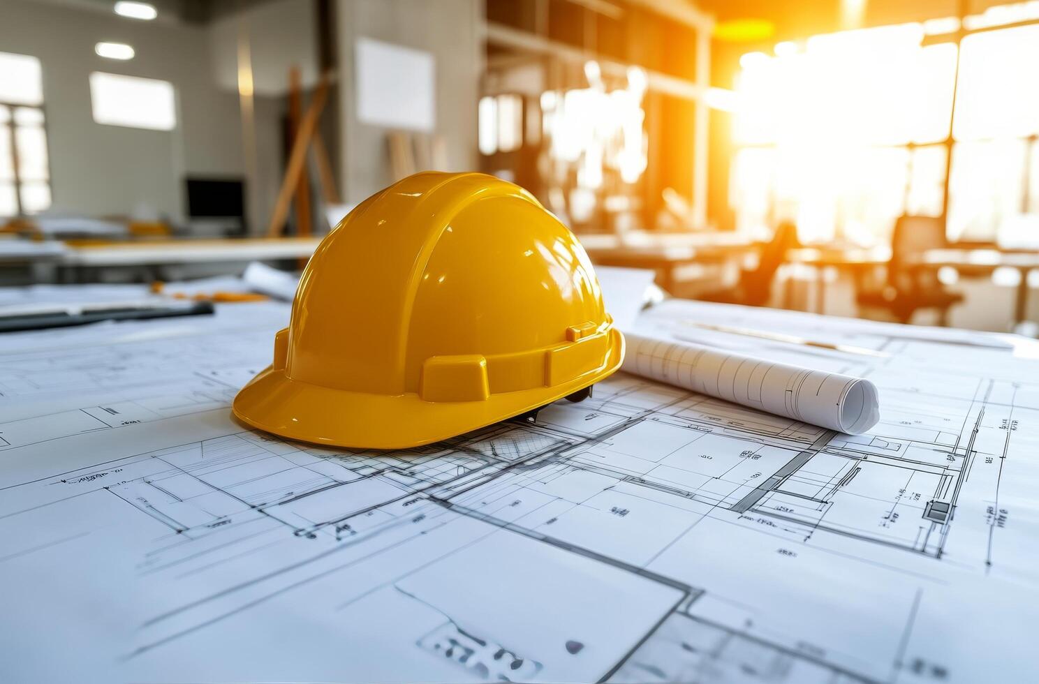 Yellow hard hat rests on blueprints in a sunlit construction office during late afternoon photo