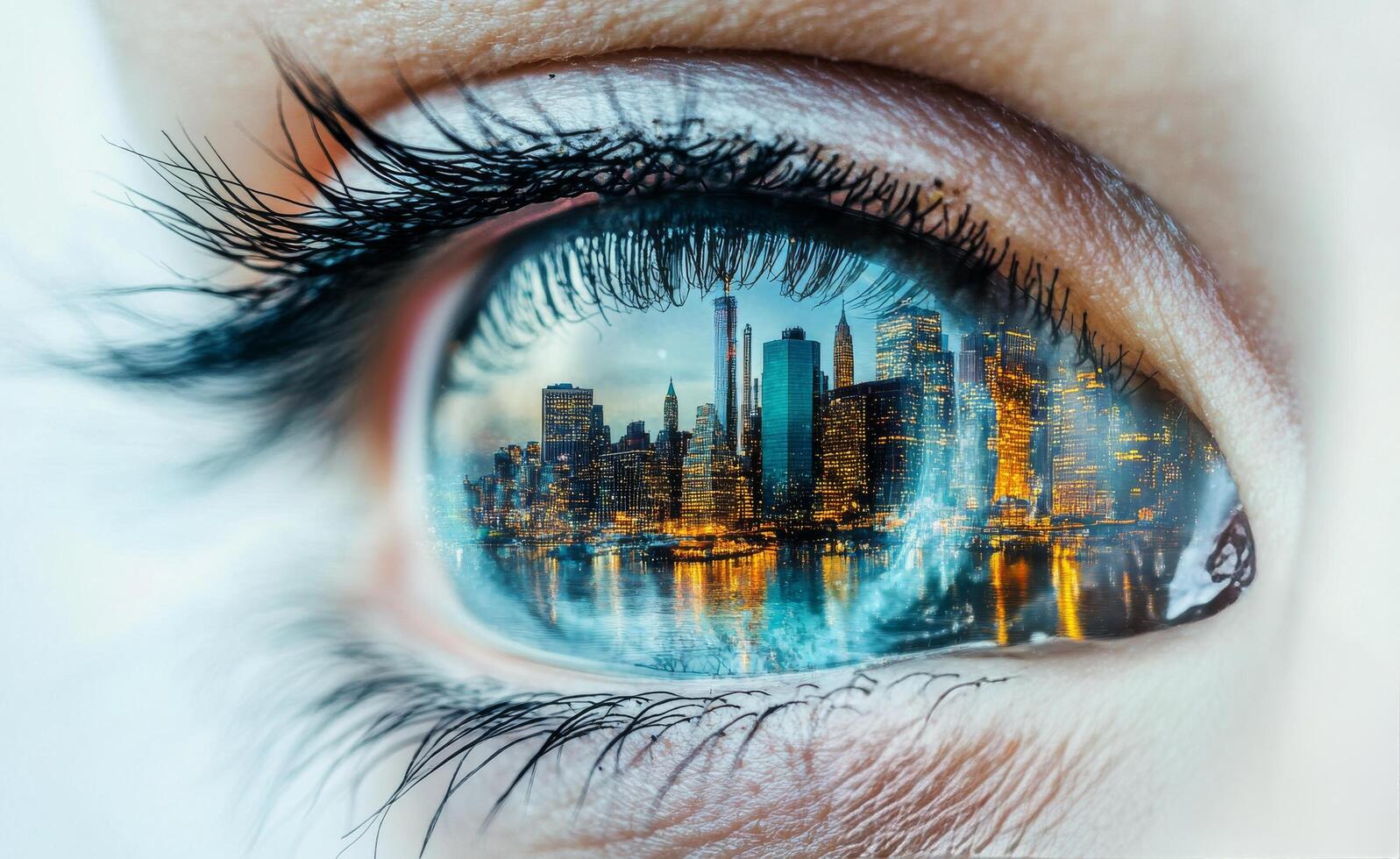 Reflection of a vibrant city skyline captured in a close up of an eye at twilight photo