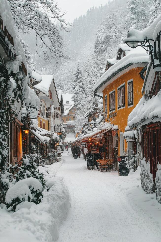 Snow covered village street in winter with shops and visitors enjoying the scenery photo