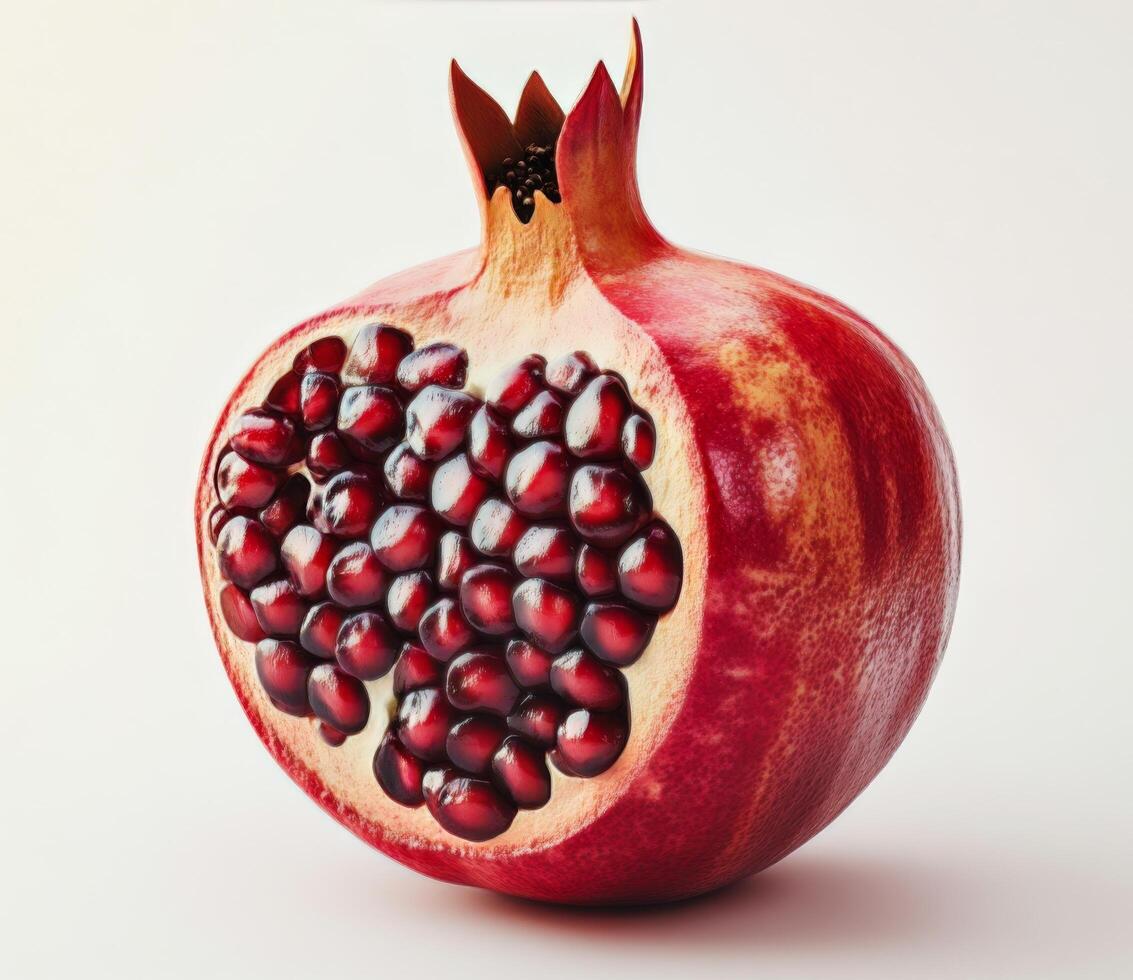 Freshly cut pomegranate revealing juicy red seeds on a neutral background photo
