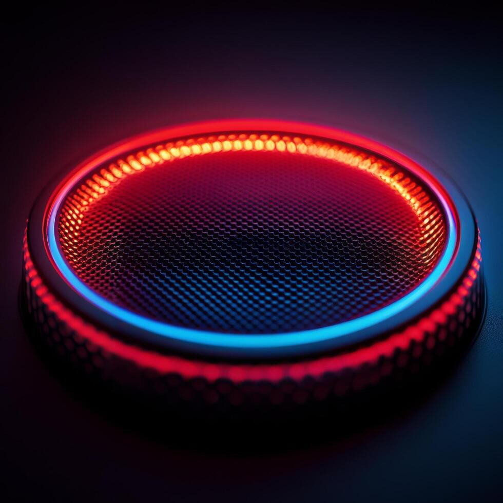 Modern audio speaker illuminated with red and blue lights against a dark background photo