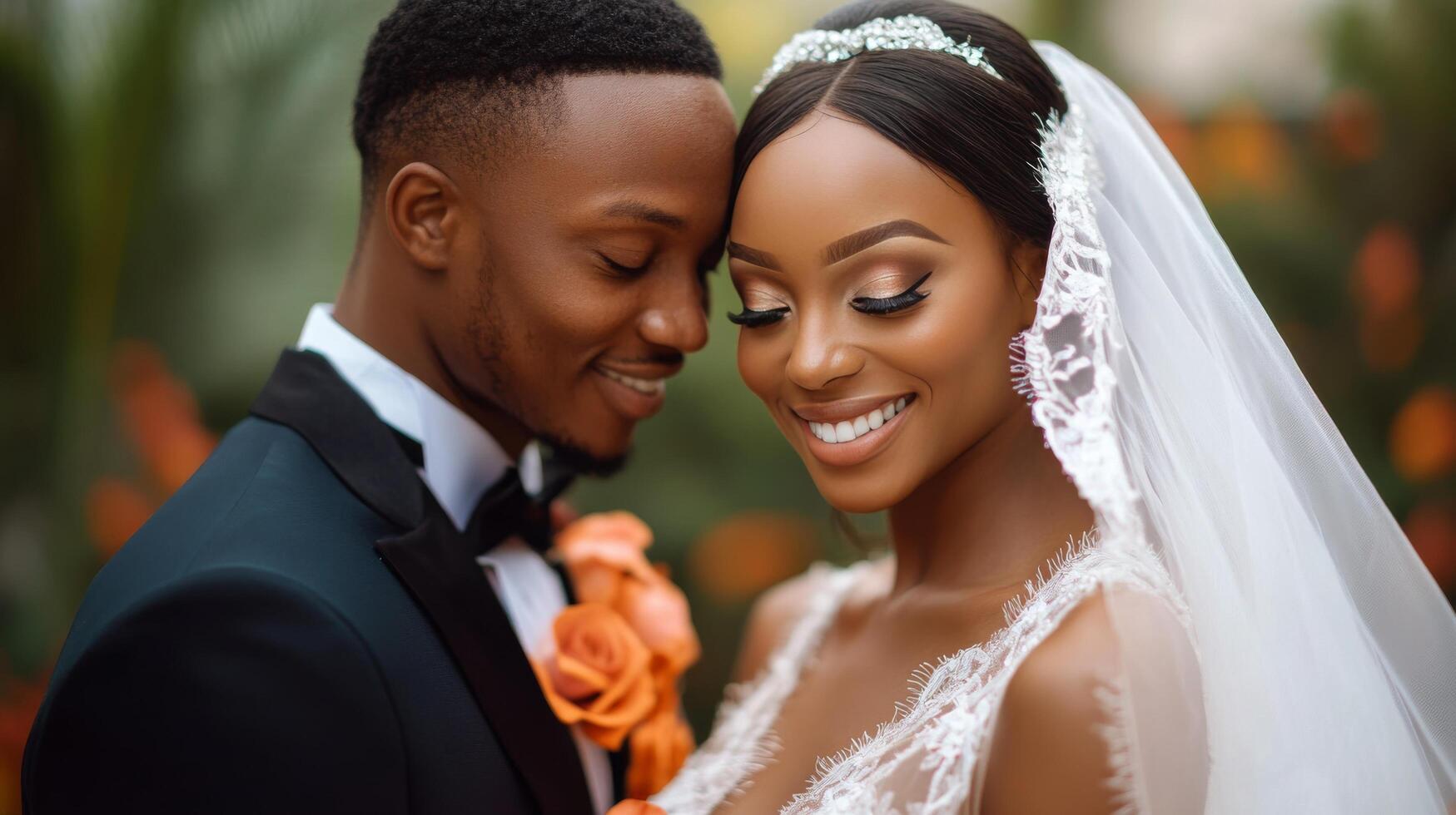 Joyful couple sharing a romantic moment during their outdoor wedding ceremony in the sunlight photo