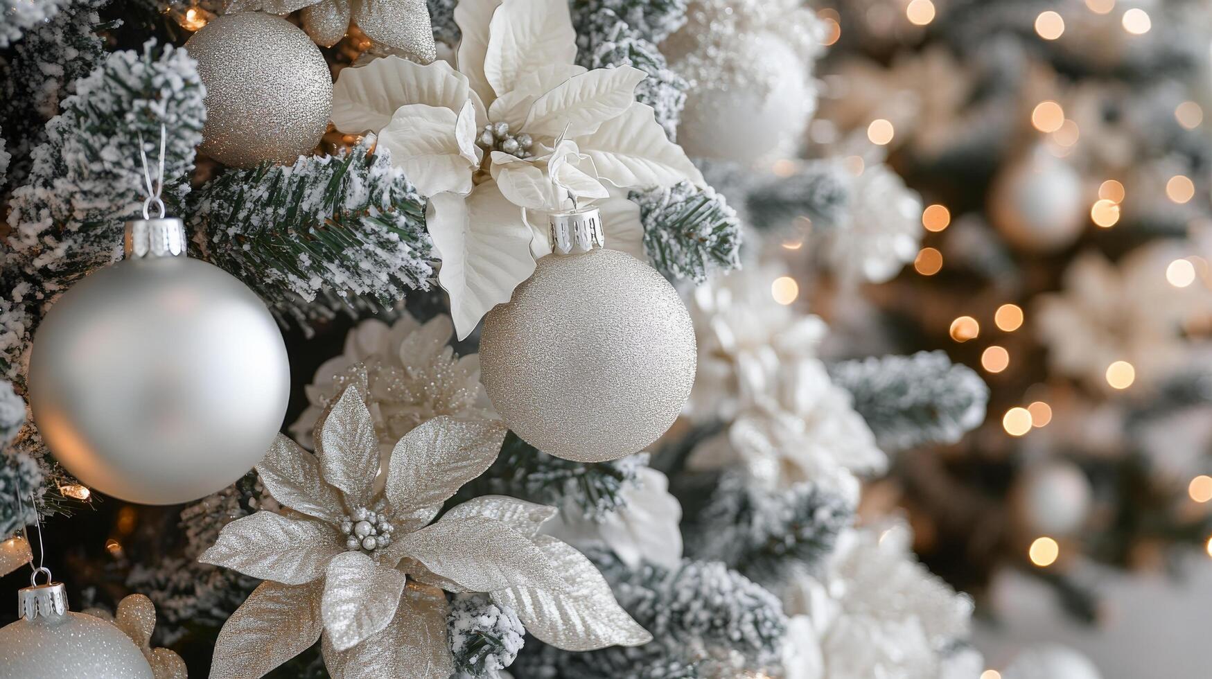 Elegant silver and white Christmas tree decorated with ornaments and flowers in a cozy setting photo