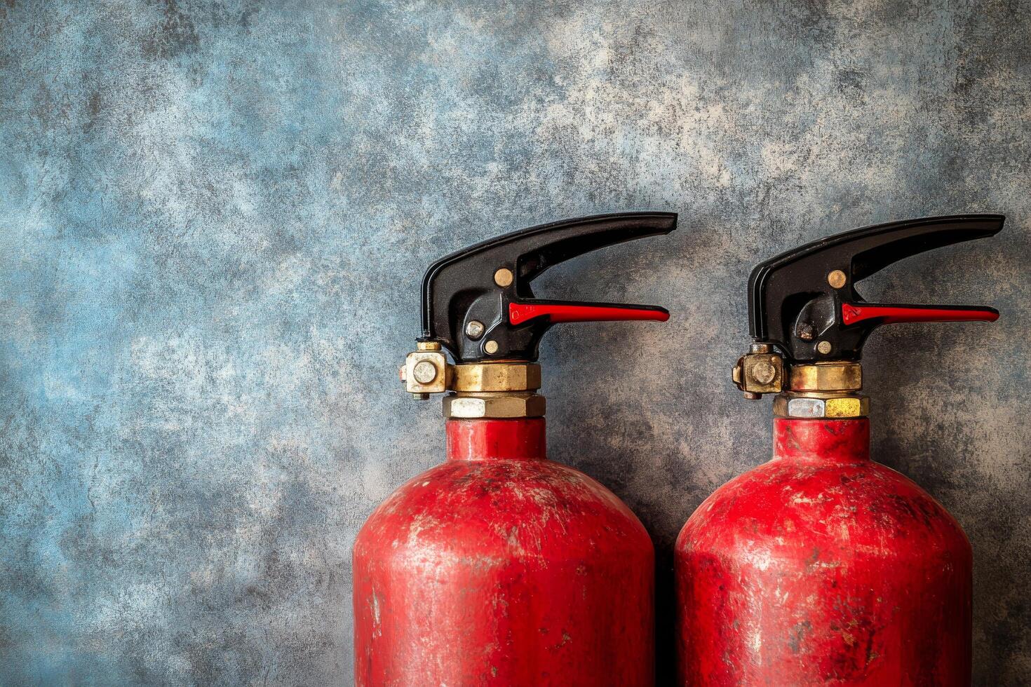 Red fire extinguishers positioned in close proximity against a teal background indoors photo