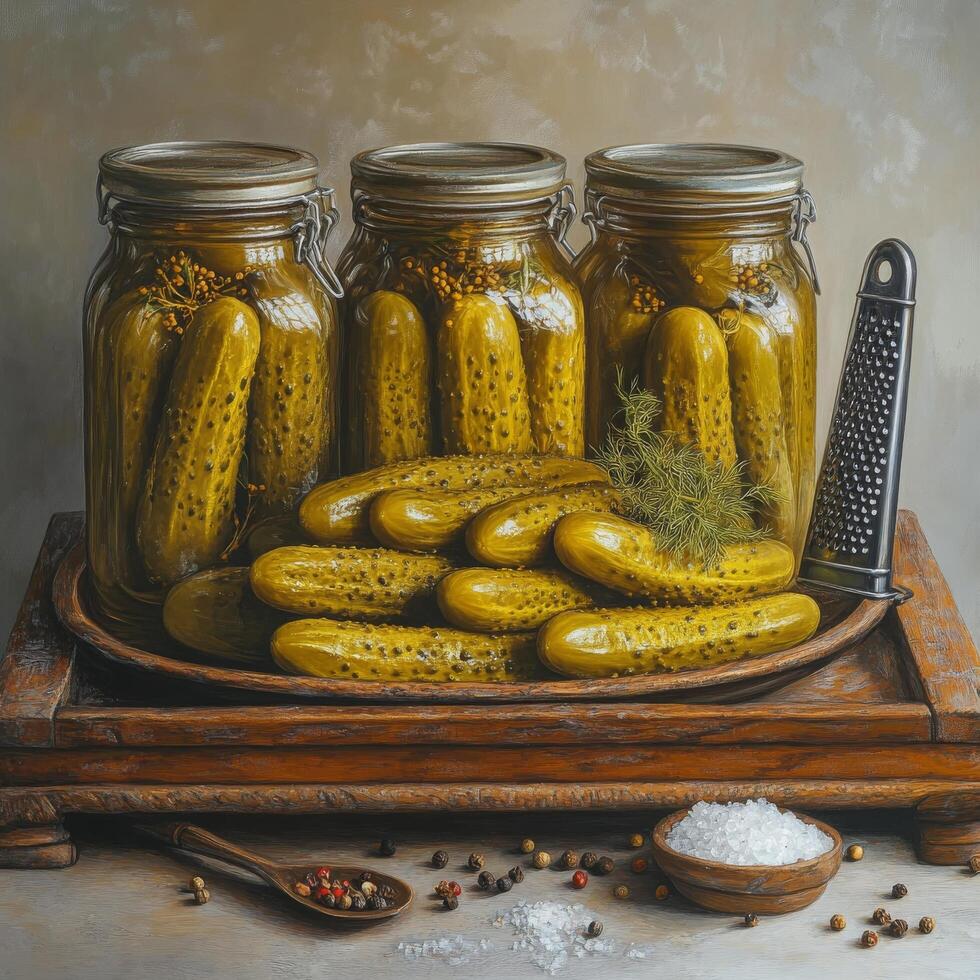 A rustic kitchen display of freshly pickled cucumbers and ingredients on a wooden table photo