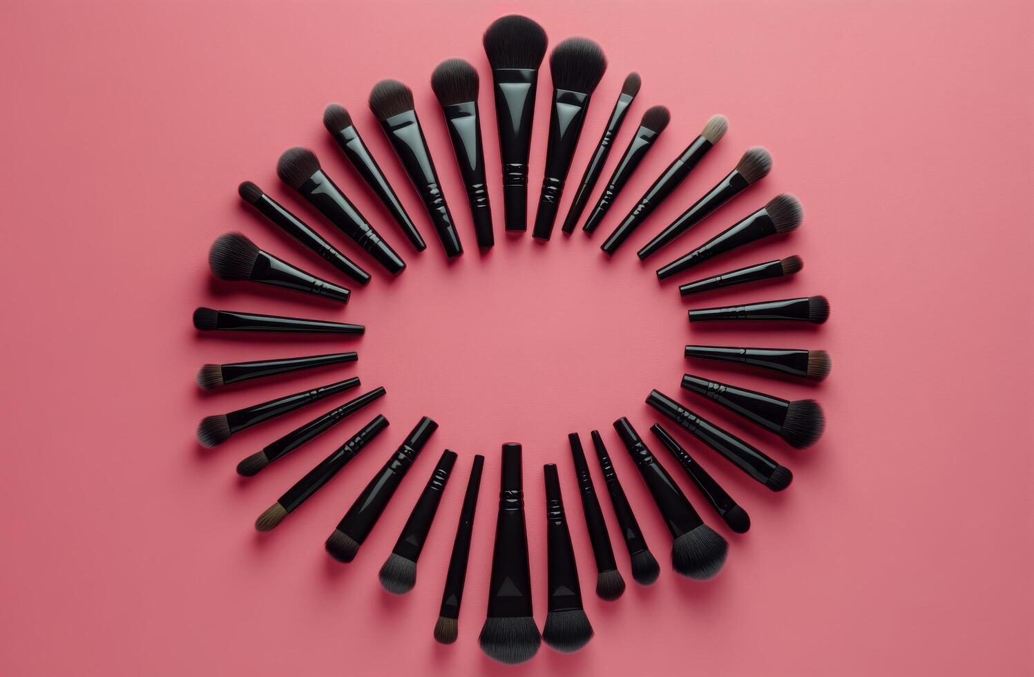 A colorful arrangement of makeup brushes and sponges on a vibrant pink background photo