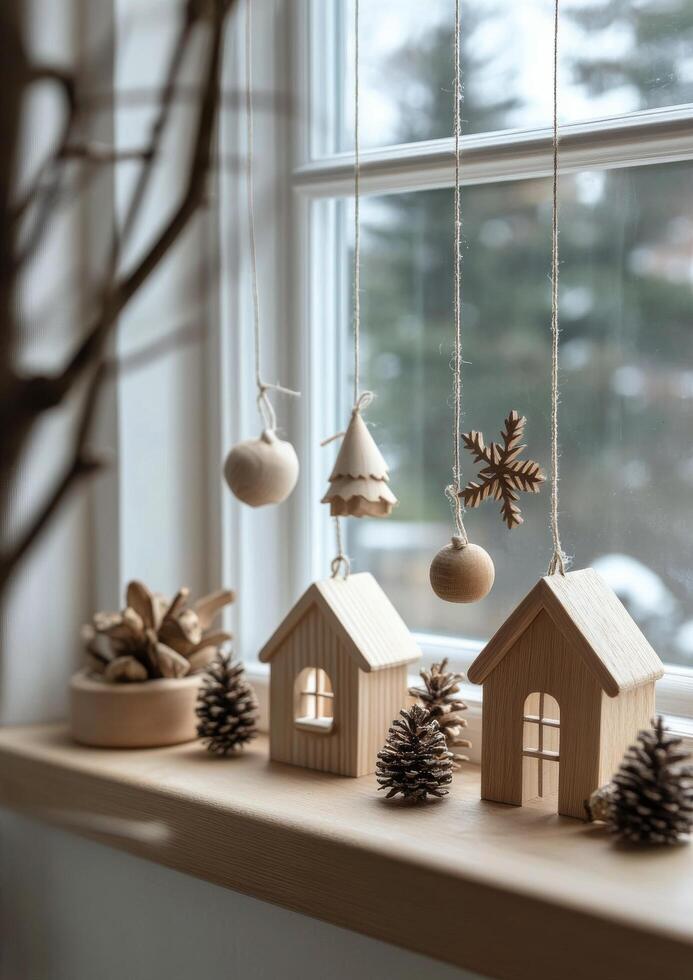 Wooden decorations and miniature houses create a cozy winter atmosphere by the window photo