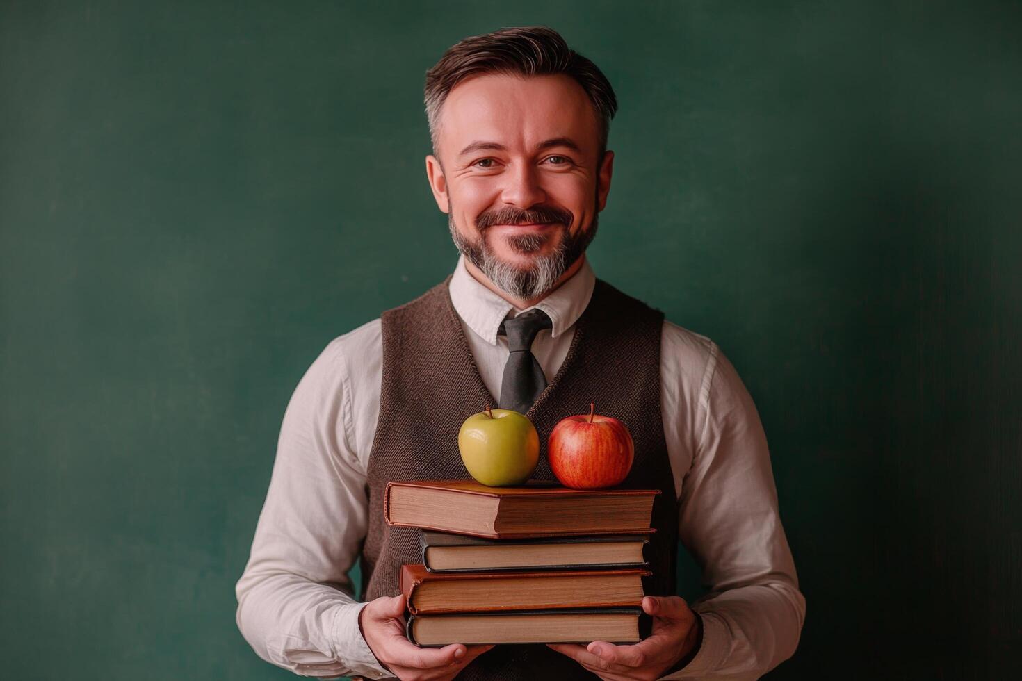 A smiling teacher holds books and apples in a classroom, showcasing a warm learning environment photo