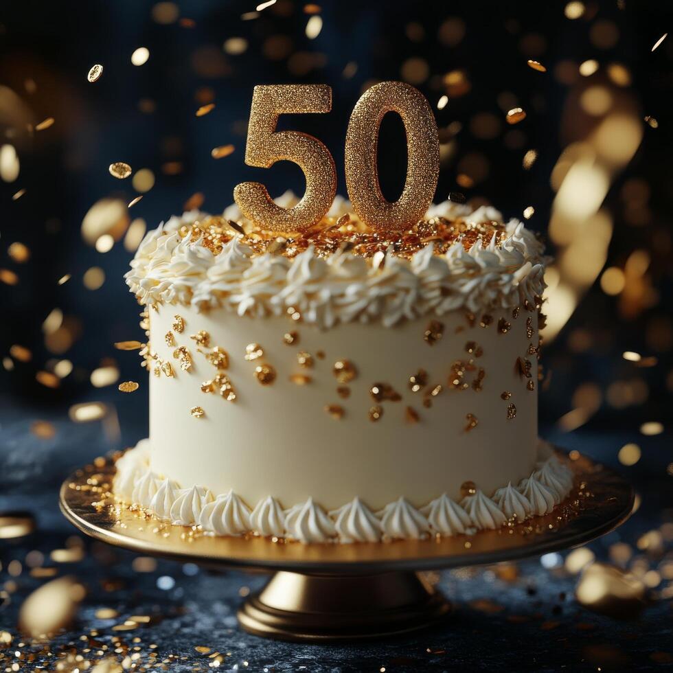 50th birthday cake adorned with golden decorations and sparkling confetti at a celebratory event photo