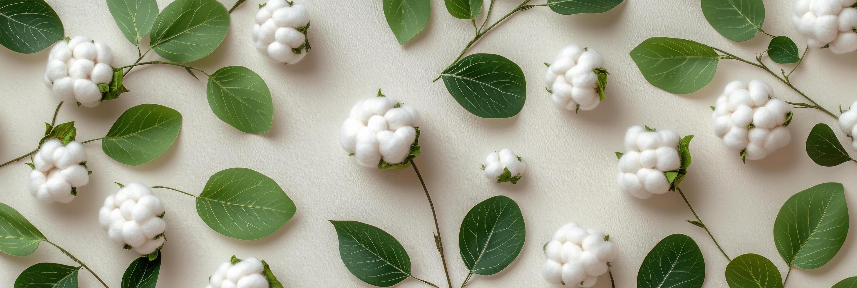 Cotton bolls and green leaves arranged aesthetically on a light background for floral decoration photo