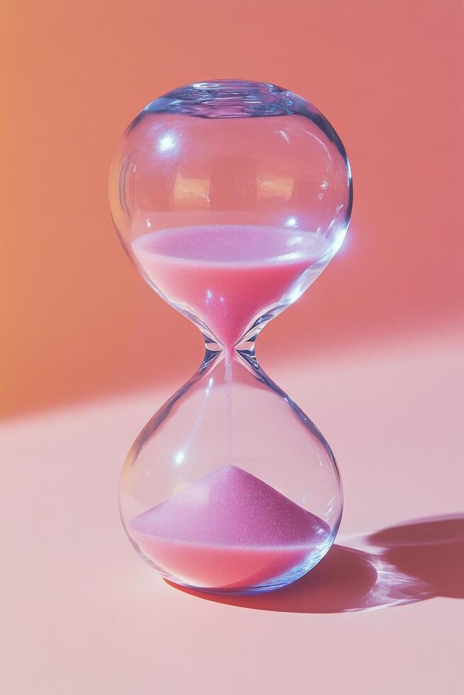 Elegant hourglass with pink sand on a vibrant pink backdrop, emphasizing the passage of time photo