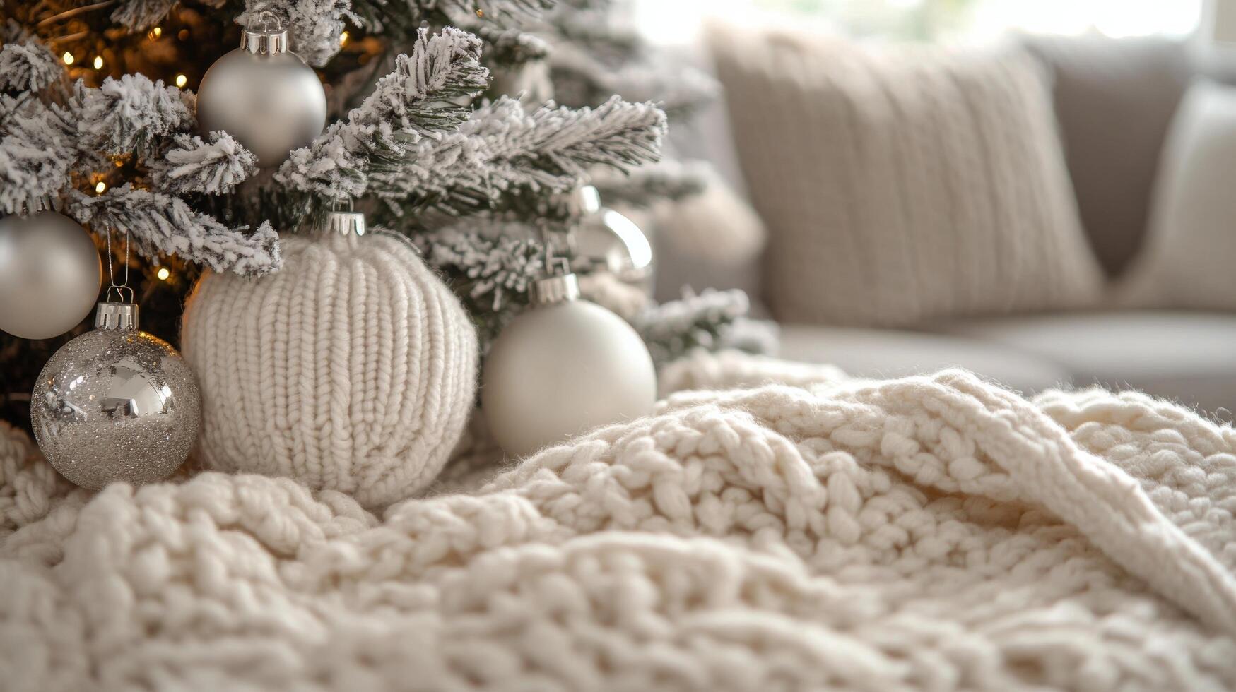 Cozy winter holiday scene with a decorated Christmas tree and soft blankets indoors photo