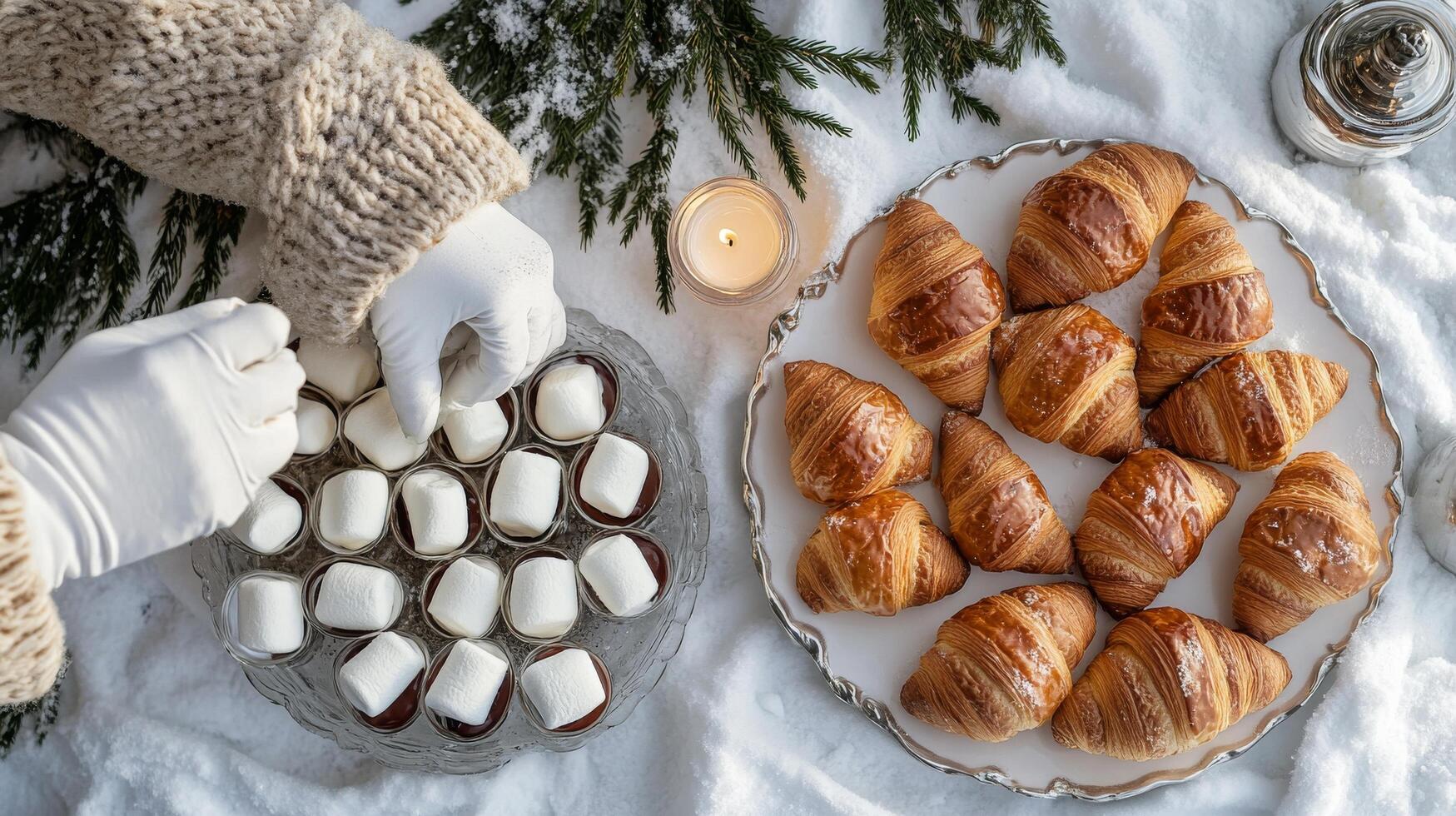 Cozy winter gathering with marshmallows and pastries in a snowy outdoor setting photo