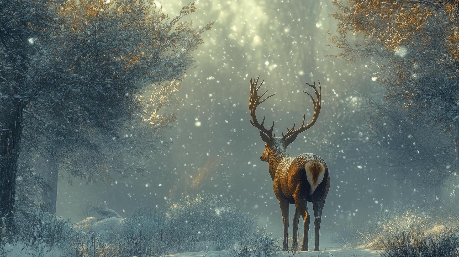 Majestic stag standing in a snowy forest during a quiet winter day with falling snowflakes photo