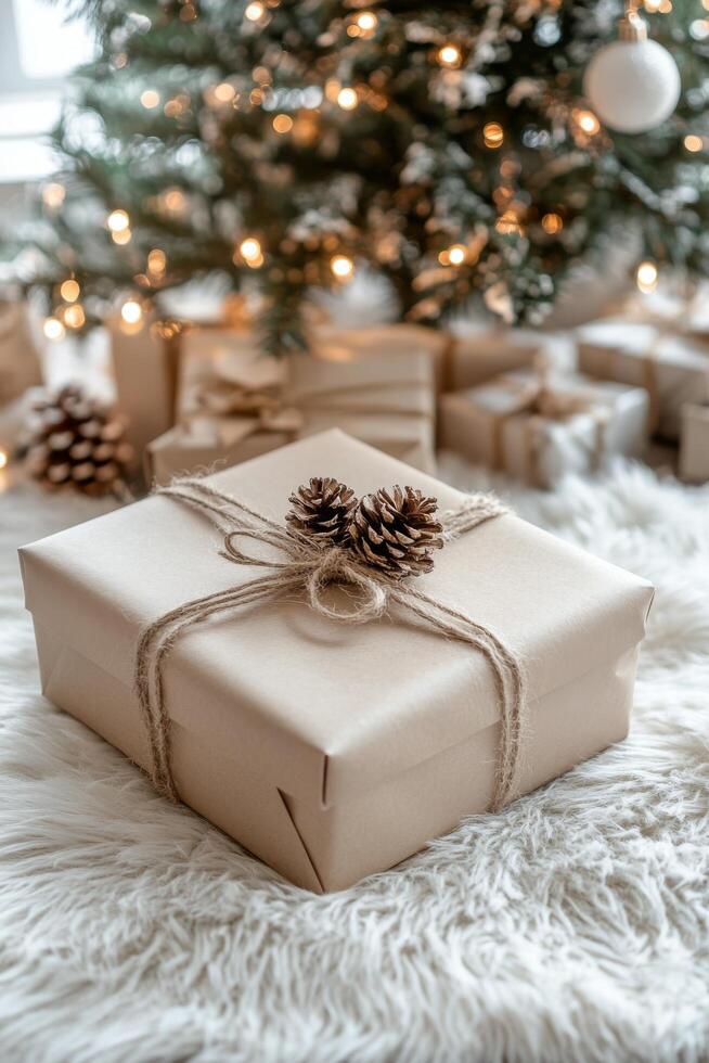 A wrapped gift with pine cones rests on a fluffy rug by a decorated Christmas tree photo