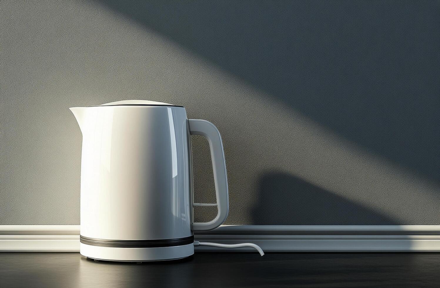 Modern white kettle on a kitchen counter against a textured gray background photo