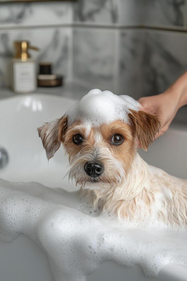 Cute small dog enjoying a bath with soap bubbles in a cozy bathroom environment photo