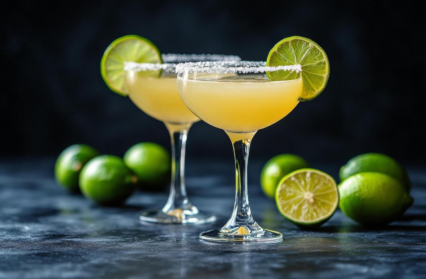 Delicious margaritas with lime wedges served on a dark stone countertop in a cozy setting photo