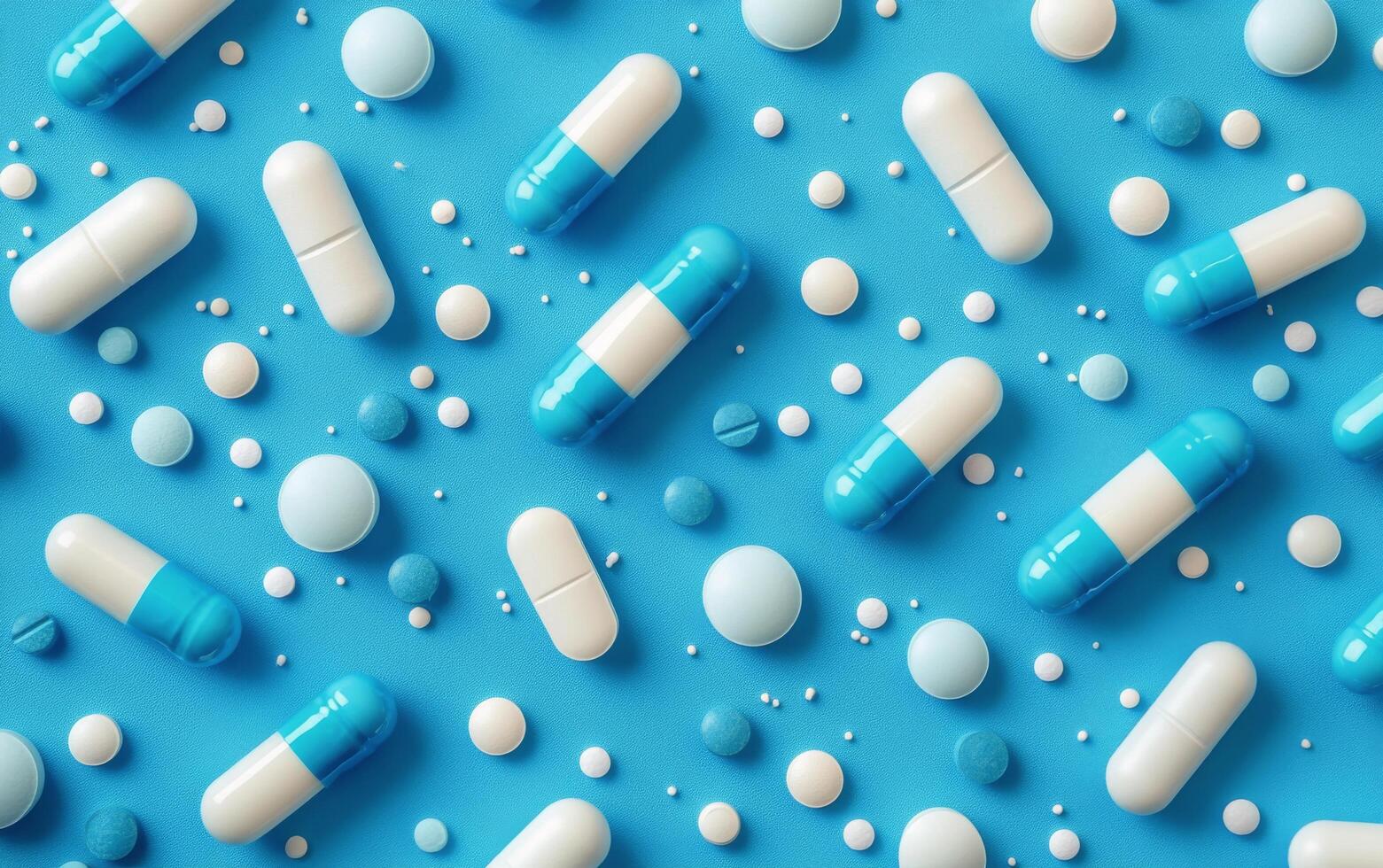 Colorful capsules and tablets scattered on a light blue surface in a clinical setting photo