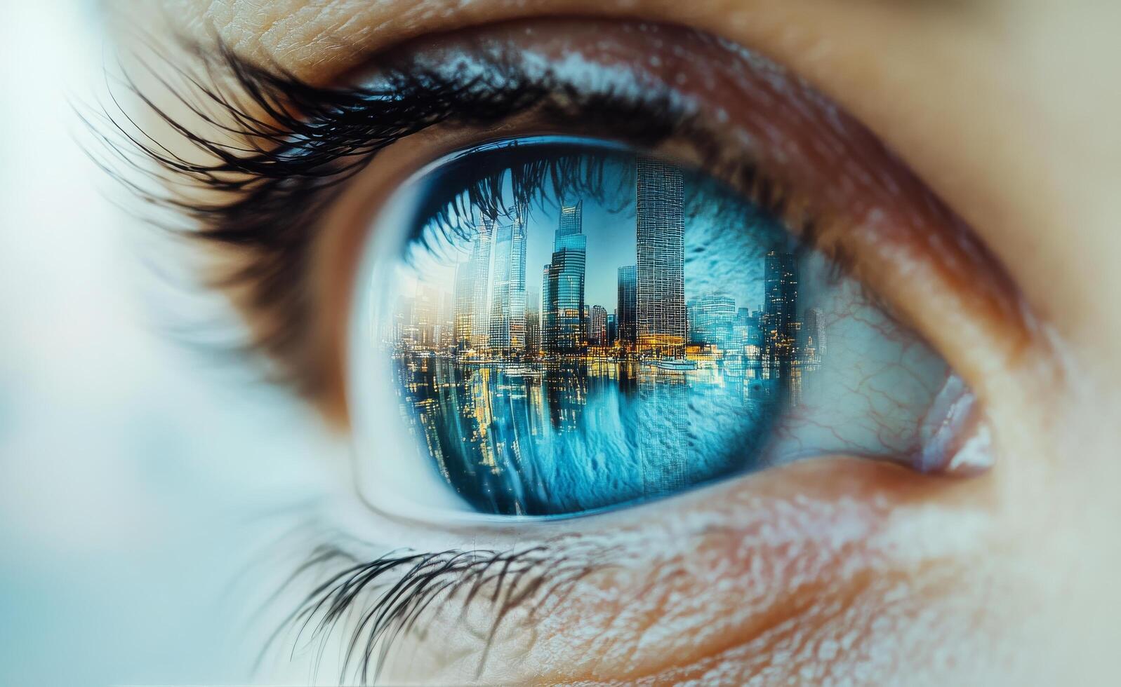 Reflection of a vibrant city skyline captured in a close up of an eye at twilight photo