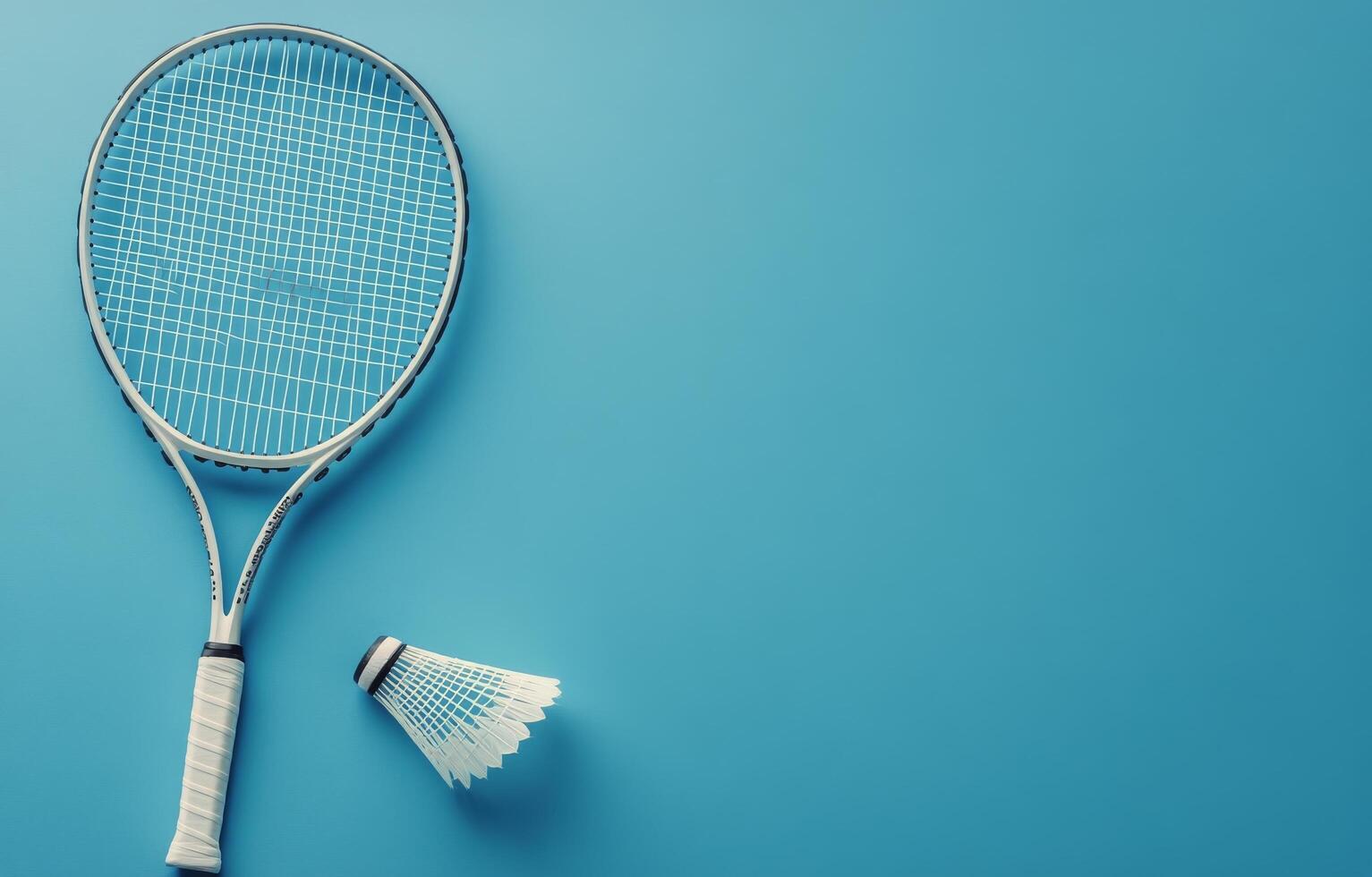 A badminton racket and shuttlecock resting on a blue background, ideal for sports enthusiasts photo