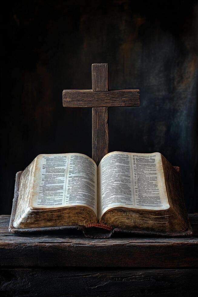 A wooden cross rests above an open Bible on a rustic table in soft light, symbolizing faith photo