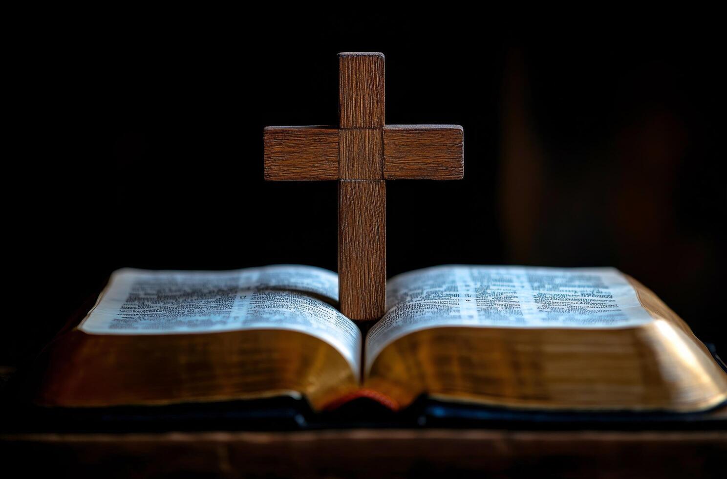 A wooden cross stands on an open Bible in a dimly lit room during evening hours photo