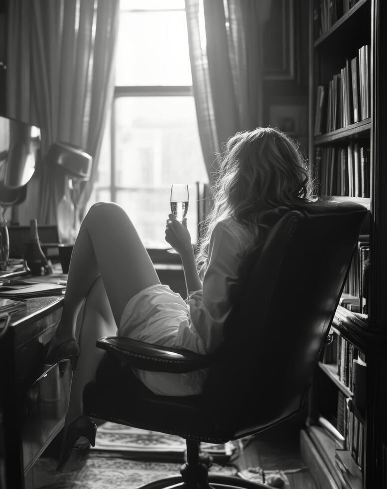 Woman enjoying a glass of sparkling water while sitting at a desk in a cozy home office photo