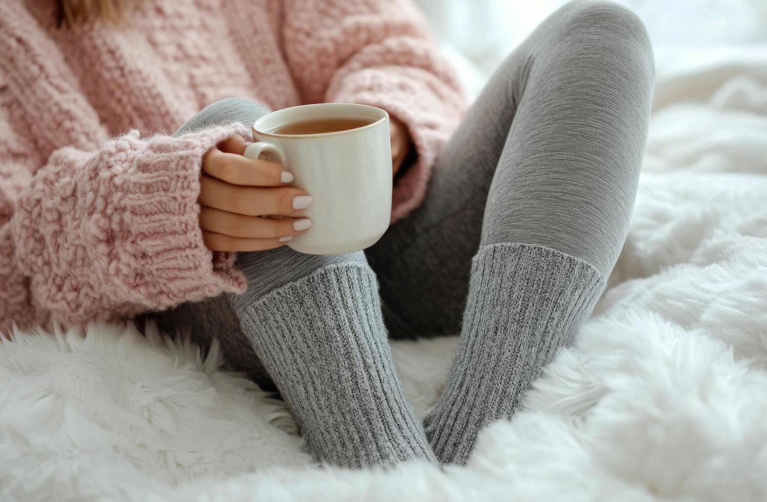 Cozy indoor setting with a person relaxing in warm socks while enjoying a hot beverage photo