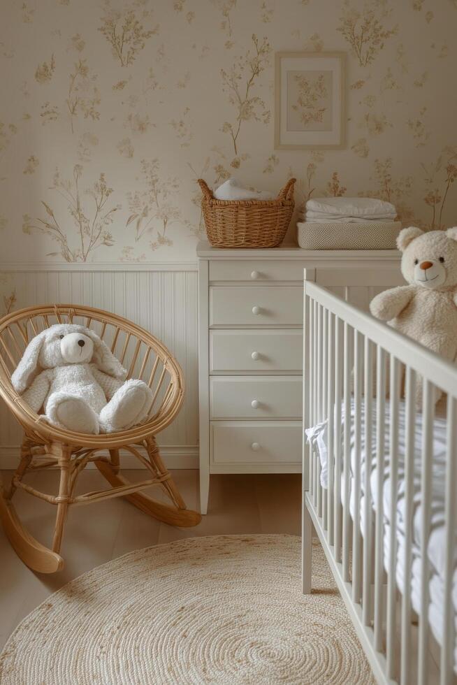 Cozy nursery with a rocking chair, teddy bears, and neutral decor for a calm atmosphere photo