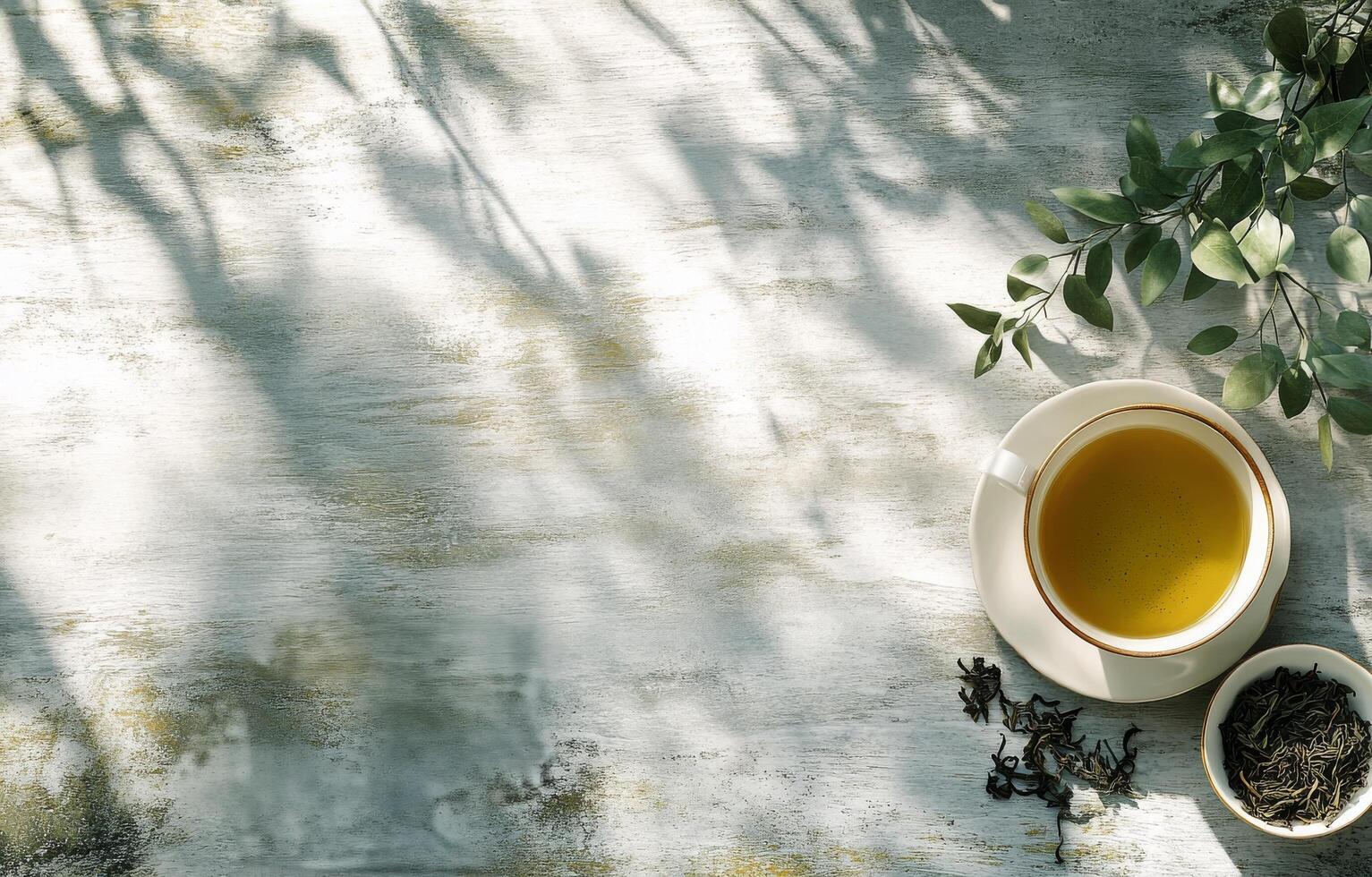 Refreshing green tea served in a cup with loose leaves and fresh tea leaves on a wooden table photo