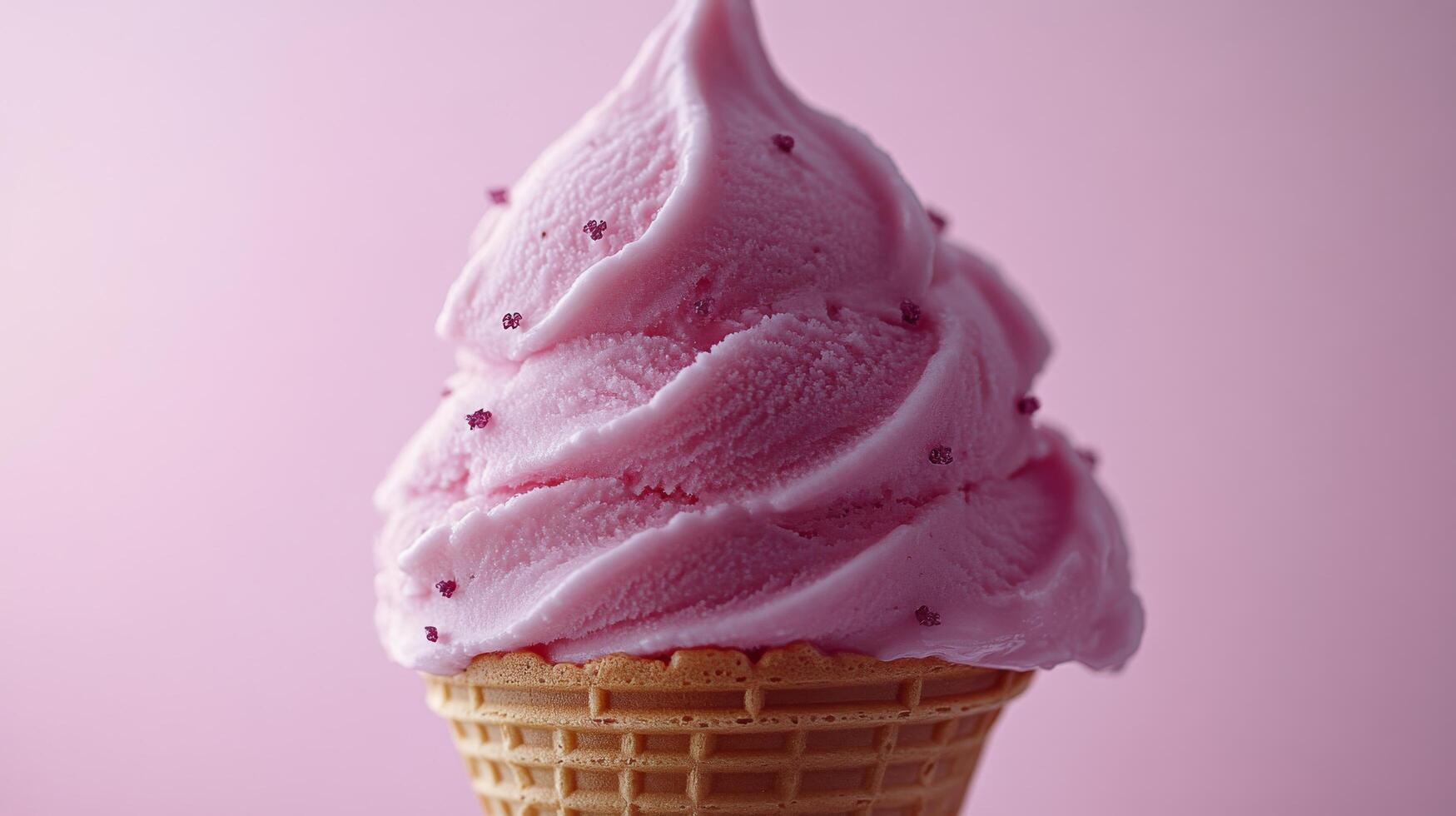 Creamy pink ice cream in a waffle cone against a pastel background photo